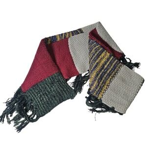 Steve Madden Color Block Textured Winter Scarf with Fringe Green Rust Tan